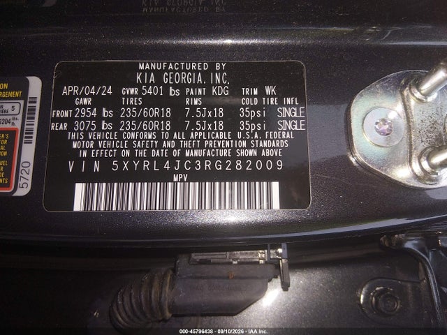 45796438 :رقم المزاد ، 5XYRL4JC3RG282009 vin ، 2024 Kia Sorento S مزاد بيع
