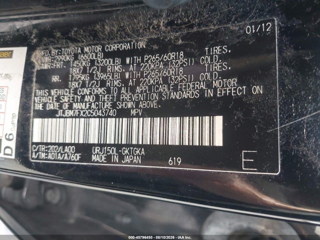 45796450 :رقم المزاد ، JTJBM7FX2C5043740 vin ، 2012 Lexus Gx 460 مزاد بيع