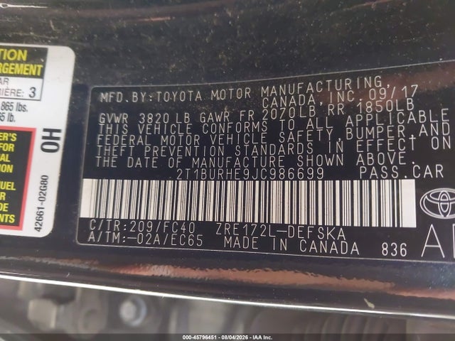 Toyota COROLLA SE 2018 2T1BURHE9JC986699 Image 9