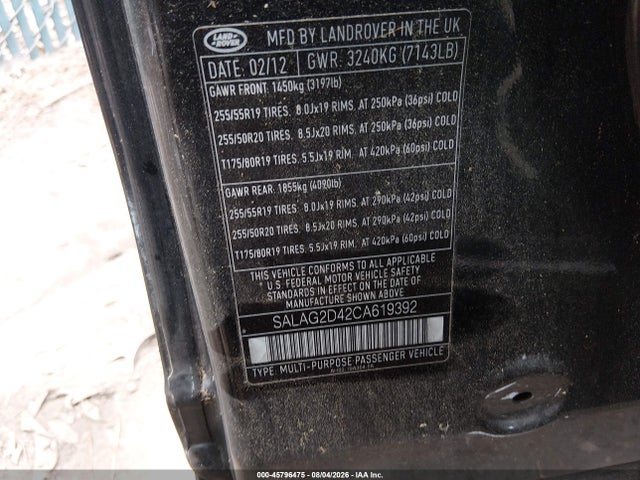 Продажа на аукционе авто 2012 Land Rover Lr4, vin: SALAG2D42CA619392, номер лота: 45796475