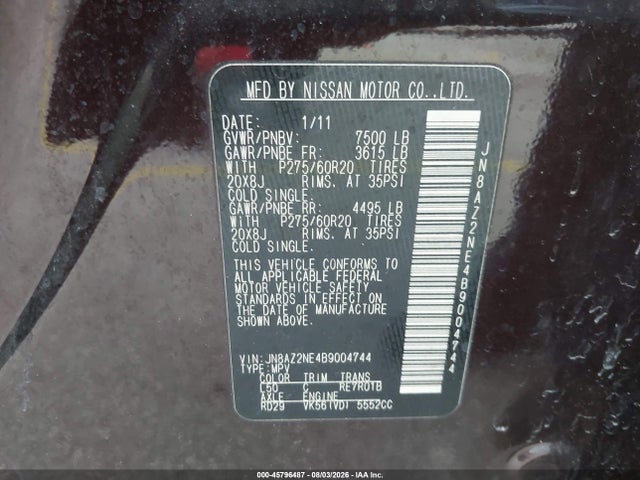 Aukcja sprzedaży 2011 Infiniti Qx56, vin: JN8AZ2NE4B9004744, numer aukcji: 45796487