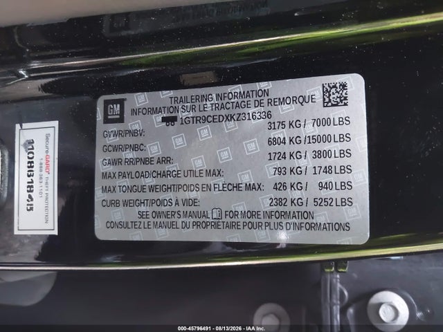 45796491 :رقم المزاد ، 1GTR9CEDXKZ316336 vin ، 2019 Gmc Sierra 1500 Elevation مزاد بيع