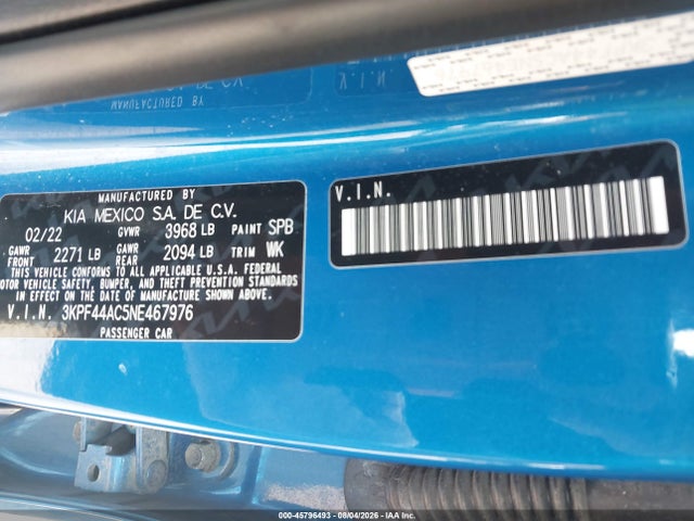 45796493 :رقم المزاد ، 3KPF44AC5NE467976 vin ، 2022 Kia Forte Gt مزاد بيع