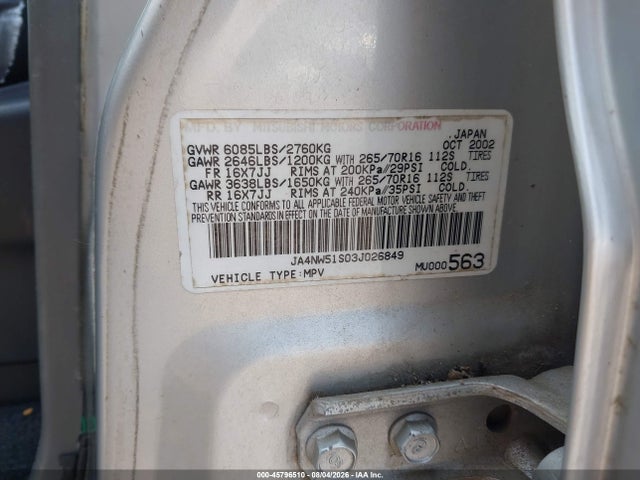 2003 Mitsubishi Montero 20th Anniversary/limited მანქანა იყიდება აუქციონზე, vin: JA4NW51S03J026849, აუქციონის ნომერი: 45796510
