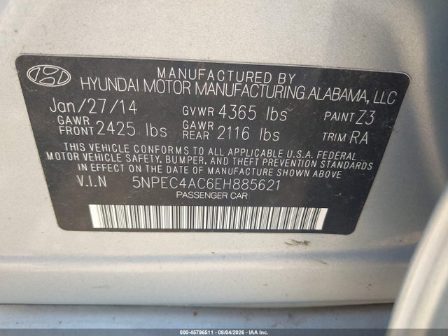 Продажа на аукционе авто 2014 Hyundai Sonata Limited, vin: 5NPEC4AC6EH885621, номер лота: 45796511