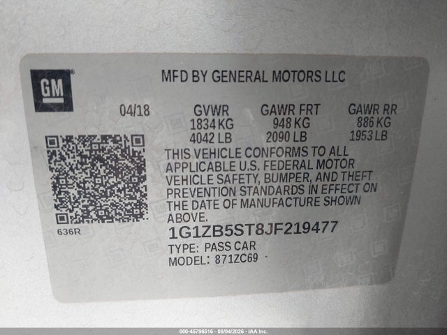 Продаж на аукціоні авто 2018 Chevrolet Malibu 1ls, vin: 1G1ZB5ST8JF219477, номер лоту: 45796516