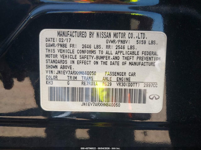 45796522 :رقم المزاد ، JN1EV7ARXHM840050 vin ، 2017 Infiniti Q50 3.0t Signature Edition مزاد بيع