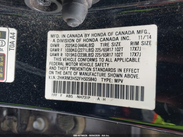 Продажа на аукционе авто 2015 Honda Cr-v Ex, vin: 2HKRM3H52FH505840, номер лота: 45796526