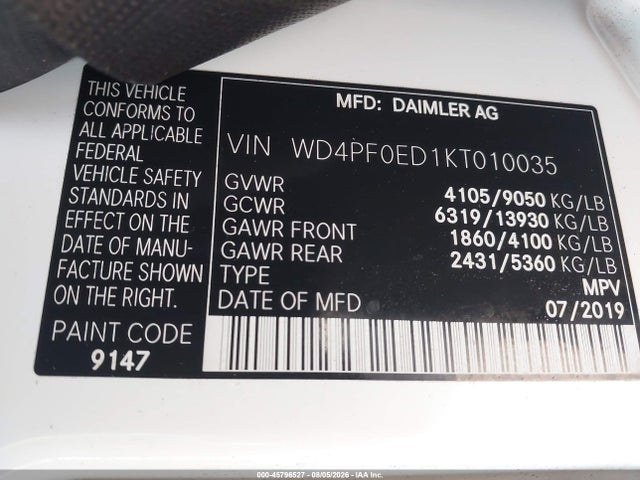 45796527 :رقم المزاد ، WD4PF0ED1KT010035 vin ، 2019 Mercedes-benz Sprinter 2500 Standard Roof I4 مزاد بيع