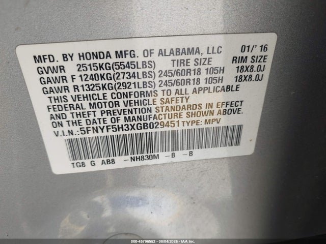 Honda Pilot Ex 2016 5FNYF5H3XGB029451 Image 9