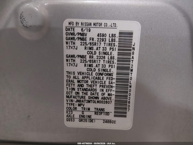JN8AT2MT0LW002607 Nissan Rogue Sv Fwd