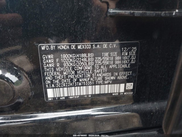 Продаж на аукціоні авто 2026 Honda Hr-v Awd Ex-l, vin: 3CZRZ2H73TM753351, номер лоту: 45796565