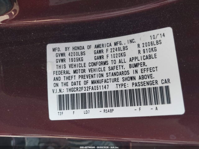 Auction sale of the 2015 Honda Accord Lx, vin: 1HGCR2F32FA051147, lot number: 45796566