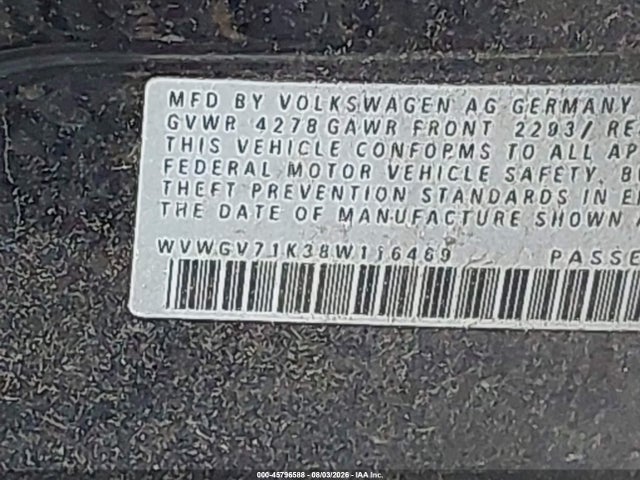 45796588 :رقم المزاد ، WVWGV71K38W116469 vin ، 2008 Volkswagen Gti 4-door (m6) (eop Cw 21/08) مزاد بيع