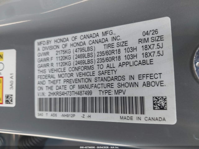 Продажа на аукционе авто 2026 Honda Cr-v Ex-l Awd, vin: 2HKRS4H73TH487499, номер лота: 45796590