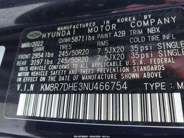 2022 Hyundai Palisade Calligraphy მანქანა იყიდება აუქციონზე, vin: KM8R7DHE3NU466754, აუქციონის ნომერი: 45796595