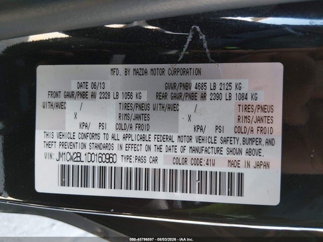 45796597 :رقم المزاد ، JM1CW2BL1D0160960 vin ، 2013 Mazda Mazda5 Sport مزاد بيع