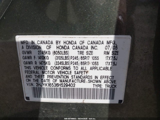 Auction sale of the 2006 Honda Ridgeline Rtl, vin: 2HJYK16536H529402, lot number: 45796603