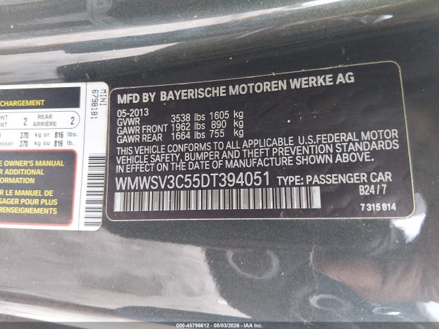 45796612 :رقم المزاد ، WMWSV3C55DT394051 vin ، 2013 Mini Hardtop Cooper S مزاد بيع