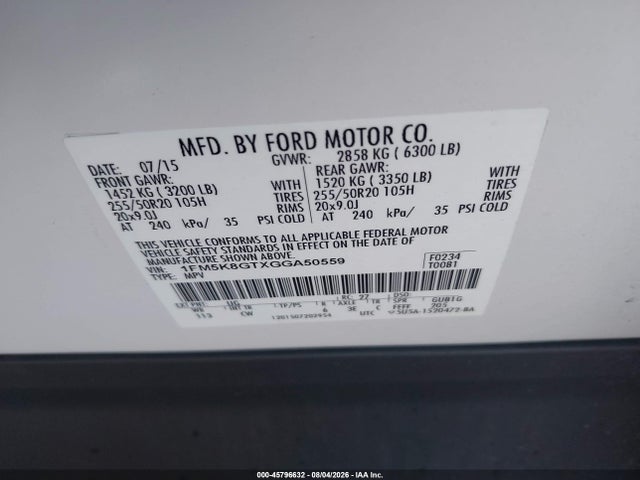 Продажа на аукционе авто 2016 Ford Explorer Sport, vin: 1FM5K8GTXGGA50559, номер лота: 45796632