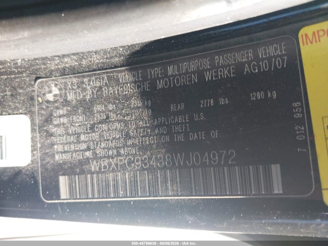 45796636 :رقم المزاد ، WBXPC93438WJ04972 vin ، 2008 Bmw X3 3.0si مزاد بيع