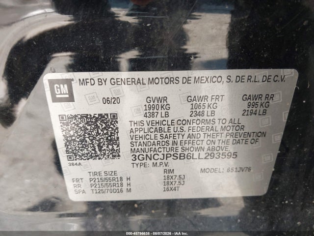 Aukcja sprzedaży 2020 Chevrolet Trax Awd Lt, vin: 3GNCJPSB6LL293595, numer aukcji: 45796638