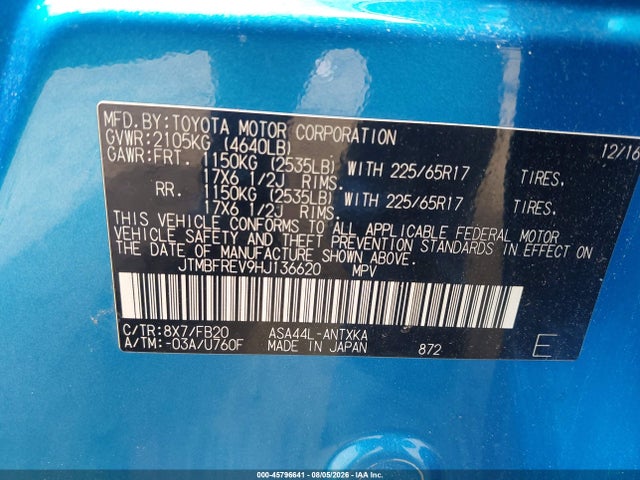 Aukcja sprzedaży 2017 Toyota Rav4 Le, vin: JTMBFREV9HJ136620, numer aukcji: 45796641