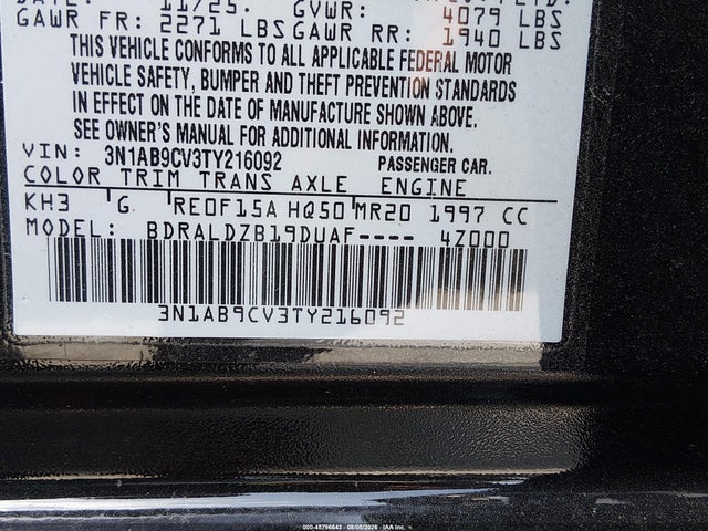 2026 Nissan Sentra Sv მანქანა იყიდება აუქციონზე, vin: 3N1AB9CV3TY216092, აუქციონის ნომერი: 45796643