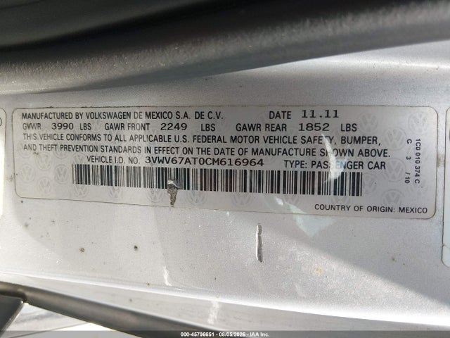 2012 Volkswagen Beetle 2.0t Turbo მანქანა იყიდება აუქციონზე, vin: 3VWV67AT0CM616964, აუქციონის ნომერი: 45796651