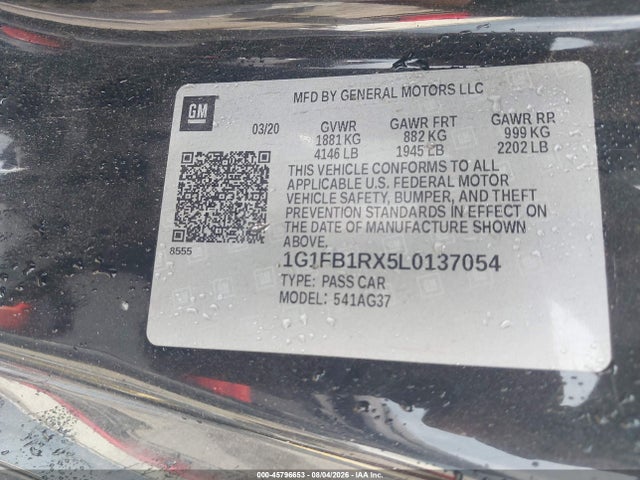 45796653 :رقم المزاد ، 1G1FB1RX5L0137054 vin ، 2020 Chevrolet Camaro Rwd  1lt مزاد بيع