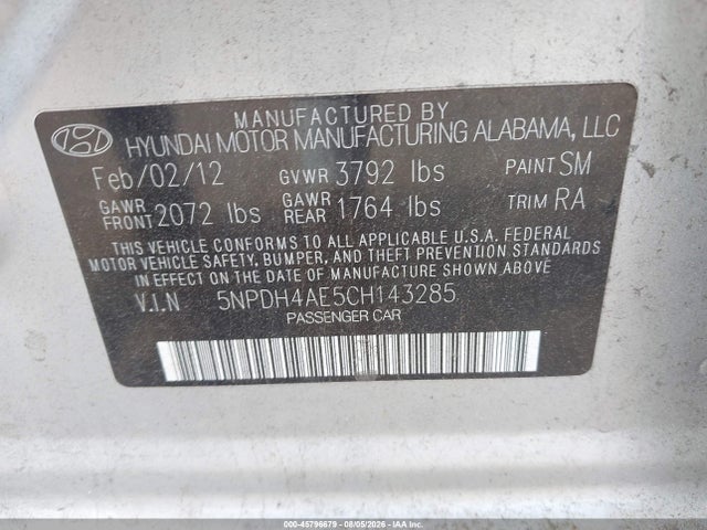 Продаж на аукціоні авто 2012 Hyundai Elantra Gls, vin: 5NPDH4AE5CH143285, номер лоту: 45796679