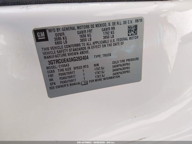 45796682 :رقم المزاد ، 3GTRCUEA0AG282404 vin ، 2010 Gmc Sierra 1500 Sl مزاد بيع
