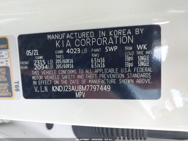 45796687 :رقم المزاد ، KNDJ23AU8M7797449 vin ، 2021 Kia Soul Lx مزاد بيع
