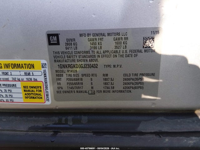 Auction sale of the 2016 Chevrolet Traverse 1lt, vin: 1GNKRGKD0GJ230432, lot number: 45796691