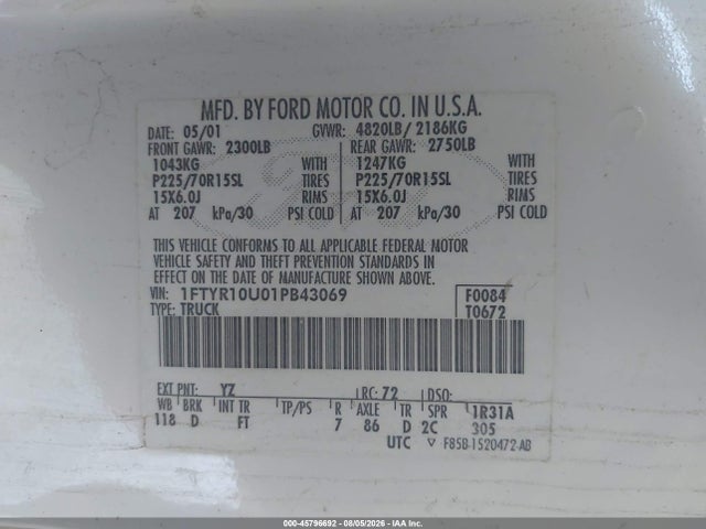 Продаж на аукціоні авто 2001 Ford Ranger Edge/xl/xlt, vin: 1FTYR10U01PB43069, номер лоту: 45796692
