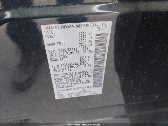 Aukcja sprzedaży 2015 Nissan Pathfinder Sv, vin: 5N1AR2MN4FC674781, numer aukcji: 45796694