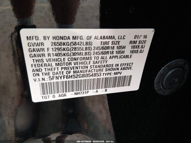 Honda Pilot Ex-l 2016 5FNYF6H52GB054853 Image 9
