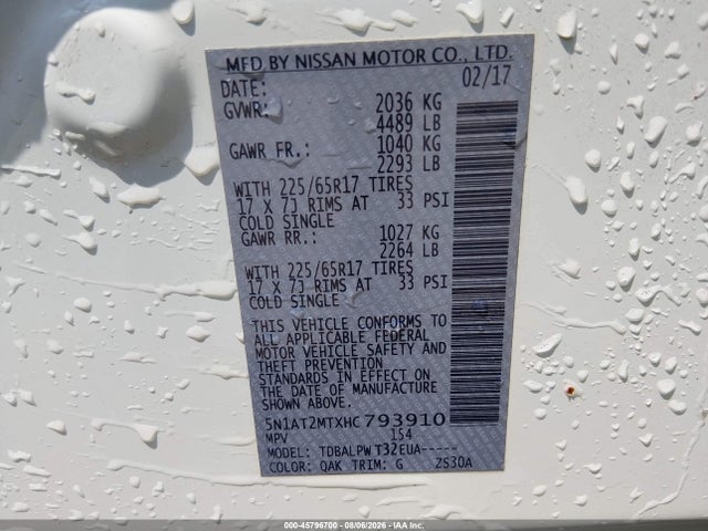 2017 Nissan Rogue S მანქანა იყიდება აუქციონზე, vin: 5N1AT2MTXHC793910, აუქციონის ნომერი: 45796700