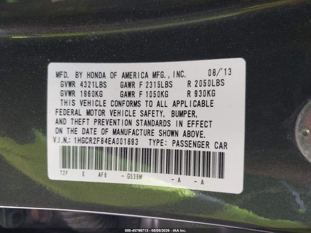 45796713 :رقم المزاد ، 1HGCR2F84EA001893 vin ، 2014 Honda Accord Ex-l مزاد بيع
