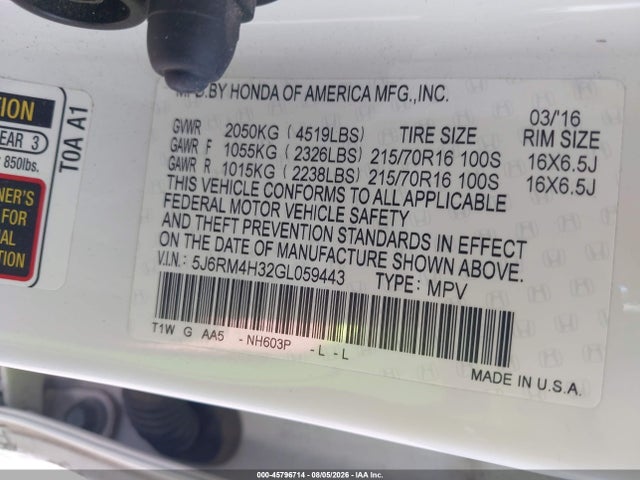 Honda CR-V LX 2016 5J6RM4H32GL059443 Image 9