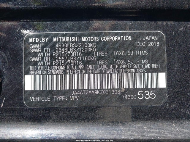 45796716 :رقم المزاد ، JA4AT3AA9KZ031308 vin ، 2019 Mitsubishi Eclipse Cross Es مزاد بيع