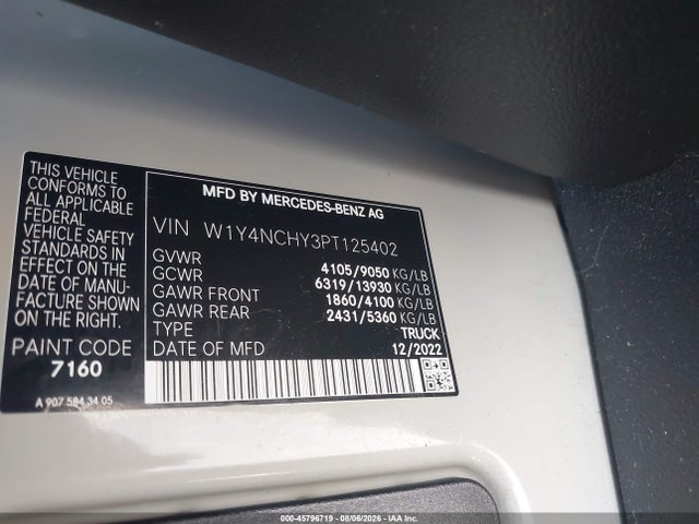 2023 Mercedes-benz Sprinter 2500 High Roof 4-cyl Diesel Ho მანქანა იყიდება აუქციონზე, vin: W1Y4NCHY3PT125402, აუქციონის ნომერი: 45796719