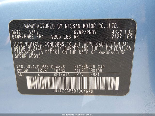 Продаж на аукціоні авто 2011 Nissan Leaf Sl, vin: JN1AZ0CP3BT004678, номер лоту: 45796732