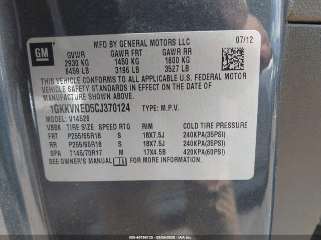 Aukcja sprzedaży 2012 Gmc Acadia Sl, vin: 1GKKVNED5CJ370124, numer aukcji: 45796735