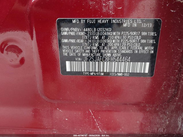 45796747 :رقم المزاد ، JF2SJAEC8EH544464 vin ، 2014 Subaru Forester 2.5i Premium مزاد بيع