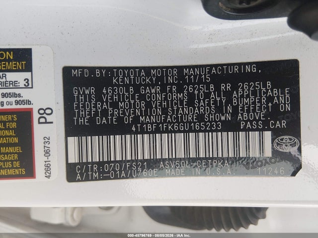 2016 Toyota Camry Se მანქანა იყიდება აუქციონზე, vin: 4T1BF1FK6GU165233, აუქციონის ნომერი: 45796769