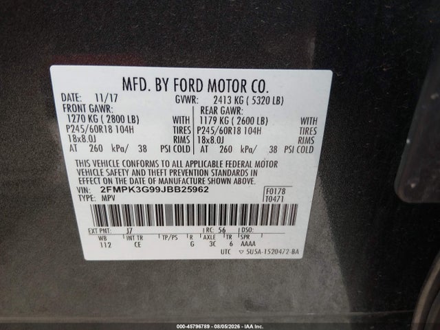 2018 Ford Edge Se მანქანა იყიდება აუქციონზე, vin: 2FMPK3G99JBB25962, აუქციონის ნომერი: 45796789