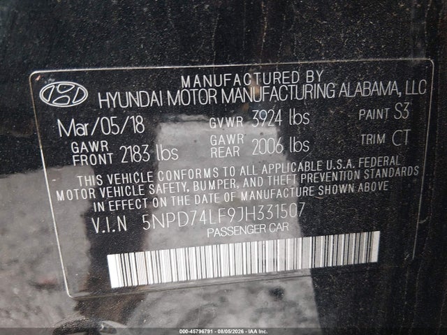 Aukcja sprzedaży 2018 Hyundai Elantra Se, vin: 5NPD74LF9JH331507, numer aukcji: 45796791