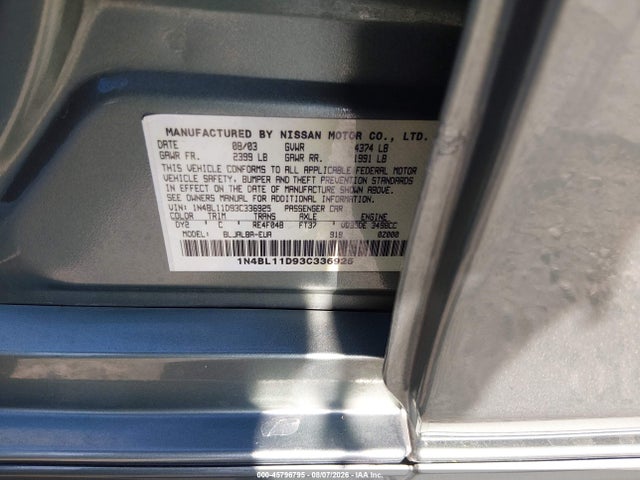 2003 Nissan Altima 3.5 Se მანქანა იყიდება აუქციონზე, vin: 1N4BL11D93C336925, აუქციონის ნომერი: 45796795
