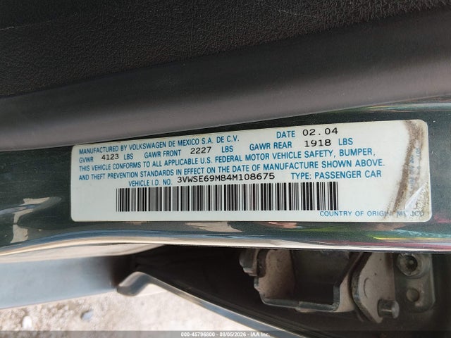 2004 Volkswagen Jetta Gls 1.8t მანქანა იყიდება აუქციონზე, vin: 3VWSE69M84M108675, აუქციონის ნომერი: 45796800